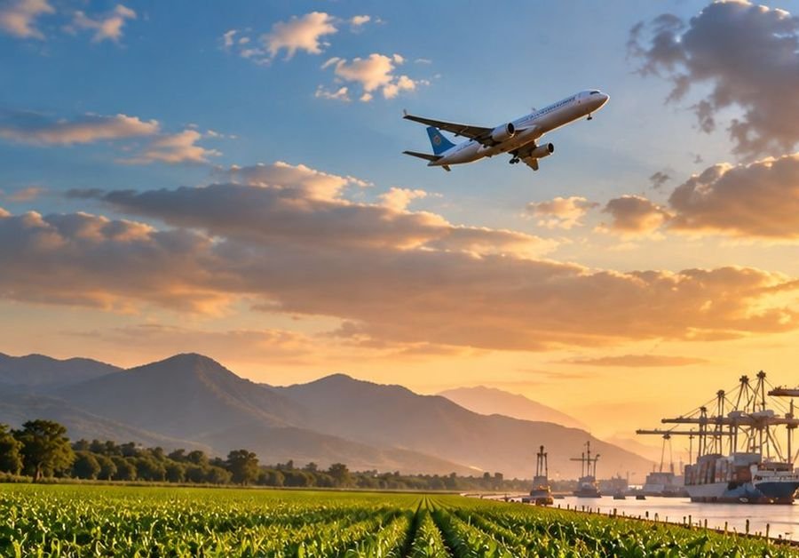 Cargo aircraft climbing over farmland near a port