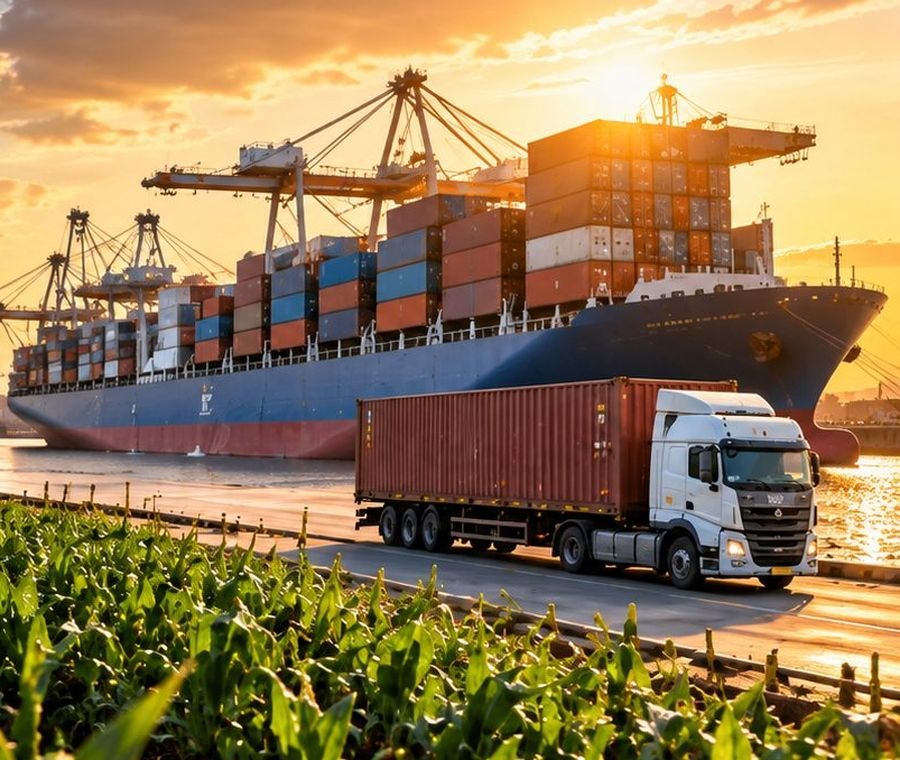 Container ship loaded with shipping containers at a port